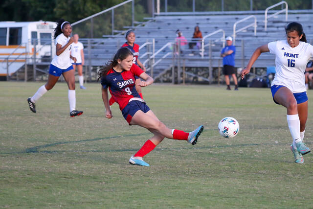 Southern Wayne Lady Saints No. 9 Abigail Ruiz scores at the 29:10 mark of the second half, giving the Lady Saints a much-needed spark in their comeback effort. (Kareem Brown|mountolivetribune.com)