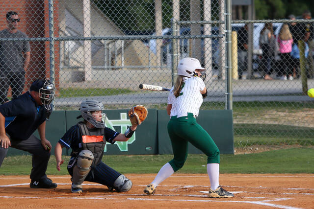 North Duplins No. 2 Gracelyn Higginbotham, fires up the Lady Rebels after ripping a clutch double. (Kareem Brown|mountolivetribune.com)